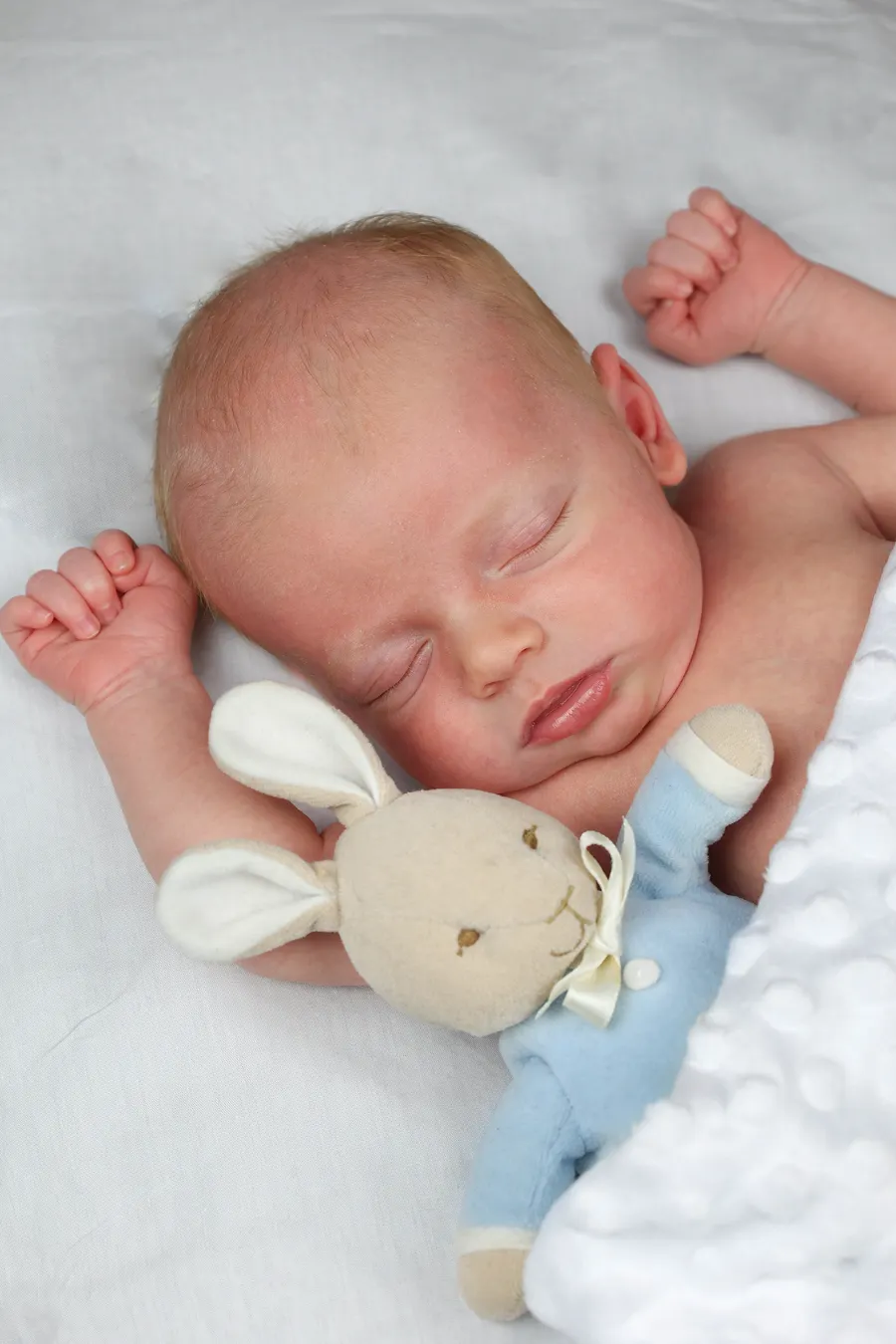 Newborn sleeping beside a knitted bunny toy